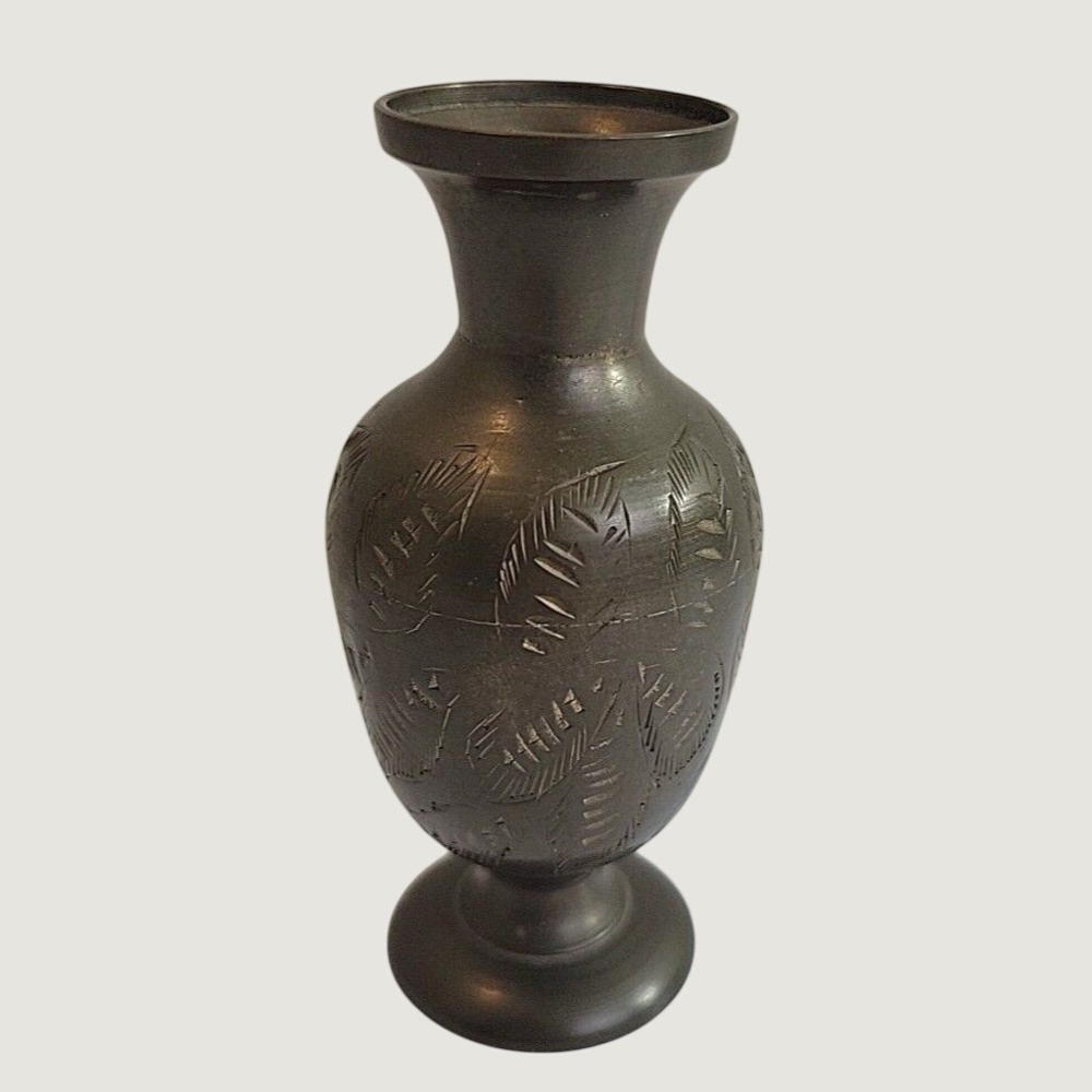 Vintage Sarna Brass Bud Vase Etched Leaf Boho Farmhouse Decor India 4.5" Bronze
